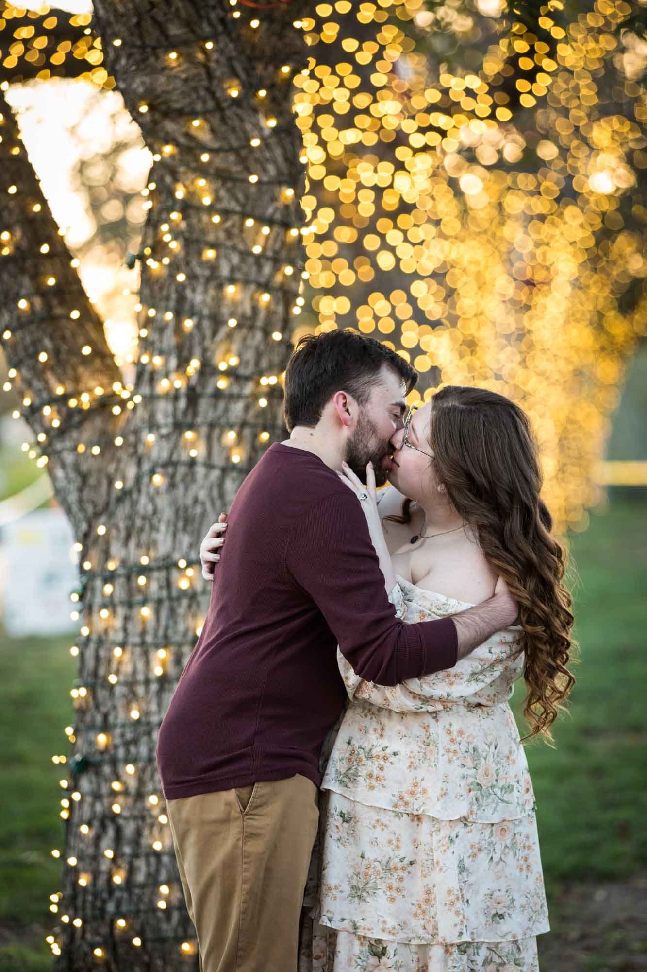 Boerne engagement photos of woman and man kissing beside trees wrapped in string lights in Main Plaza