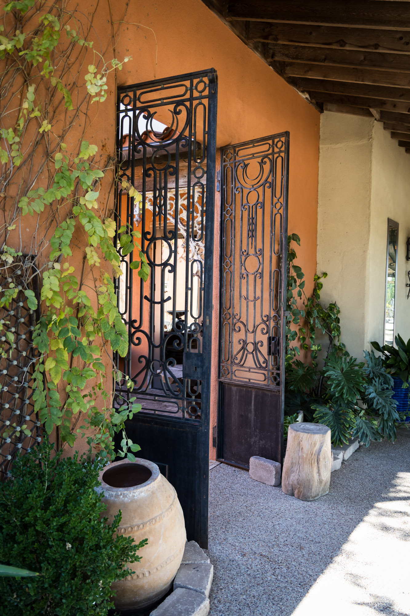 Front entrance to Tuscan Hall with gates open