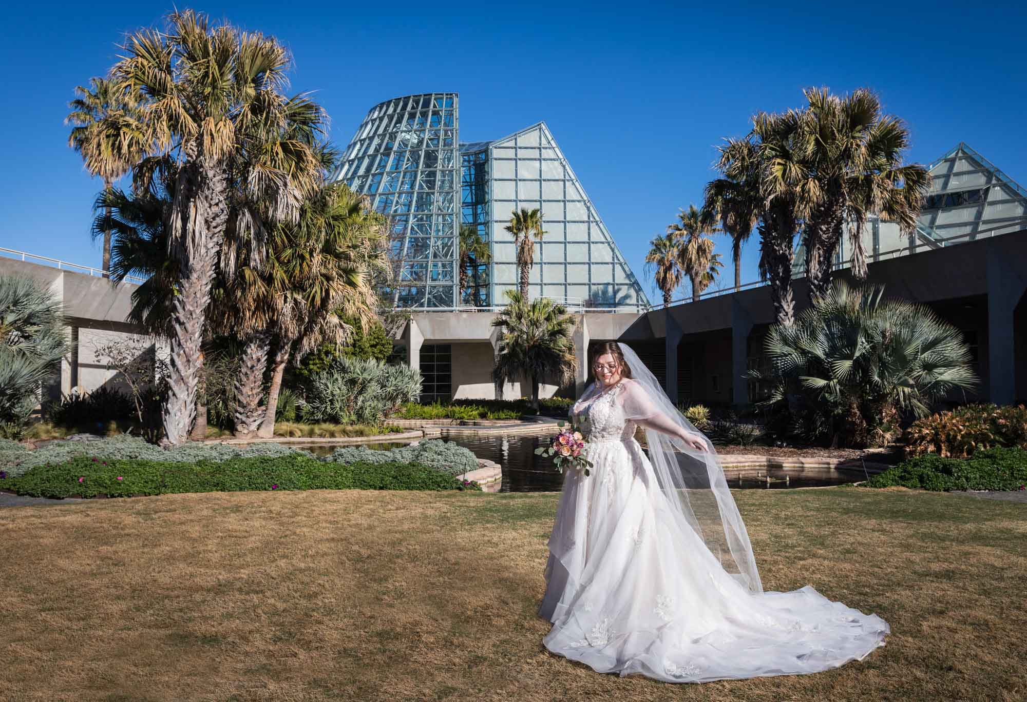 Bride wearing white dress and veil in front of Lucile Halsell Conservatory during a San Antonio Botanical Gardens bridal portrait session