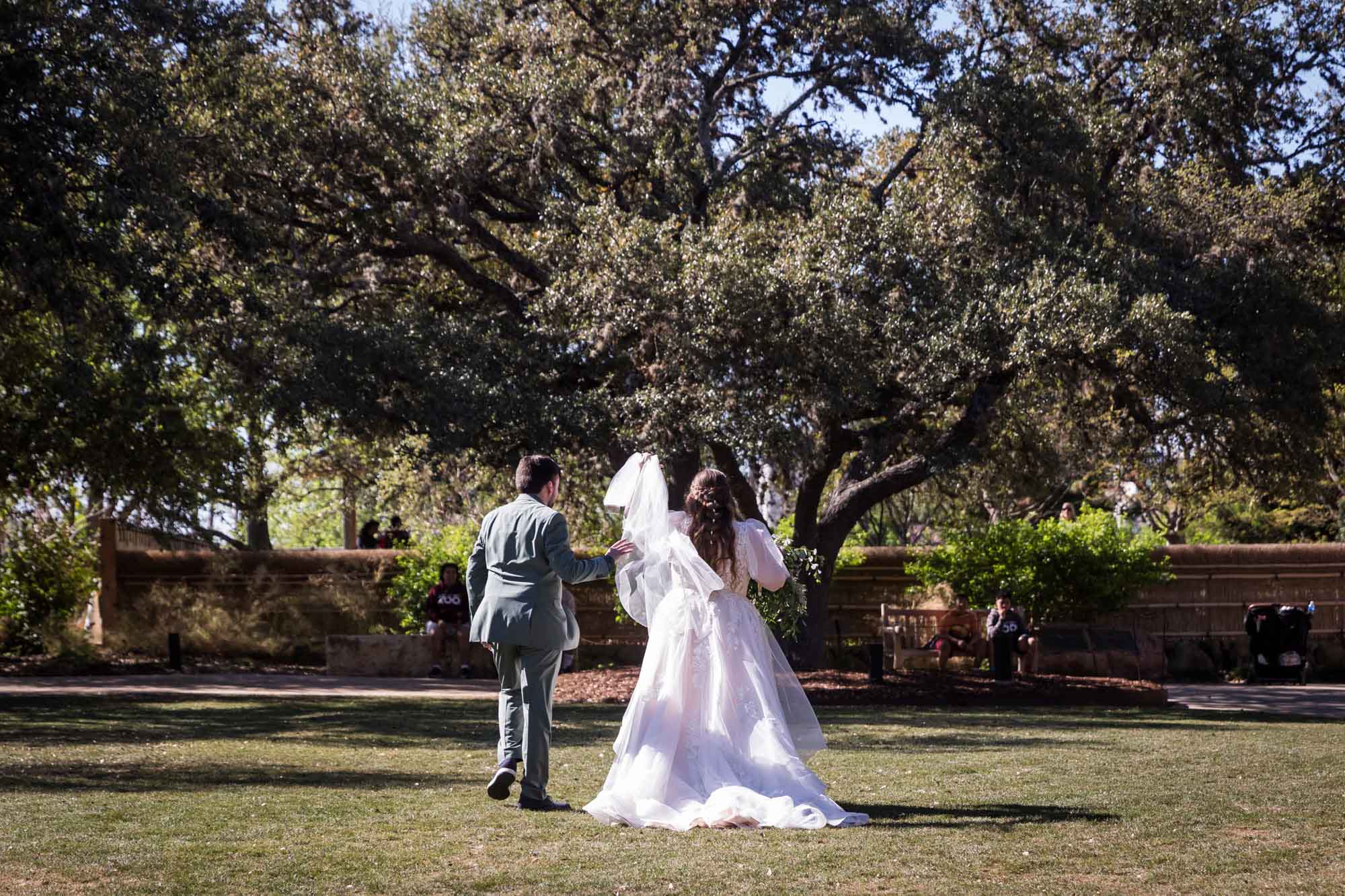 Groom and bride walking on lawn with veil held in the air during a San Antonio Botanical Garden wedding ceremony