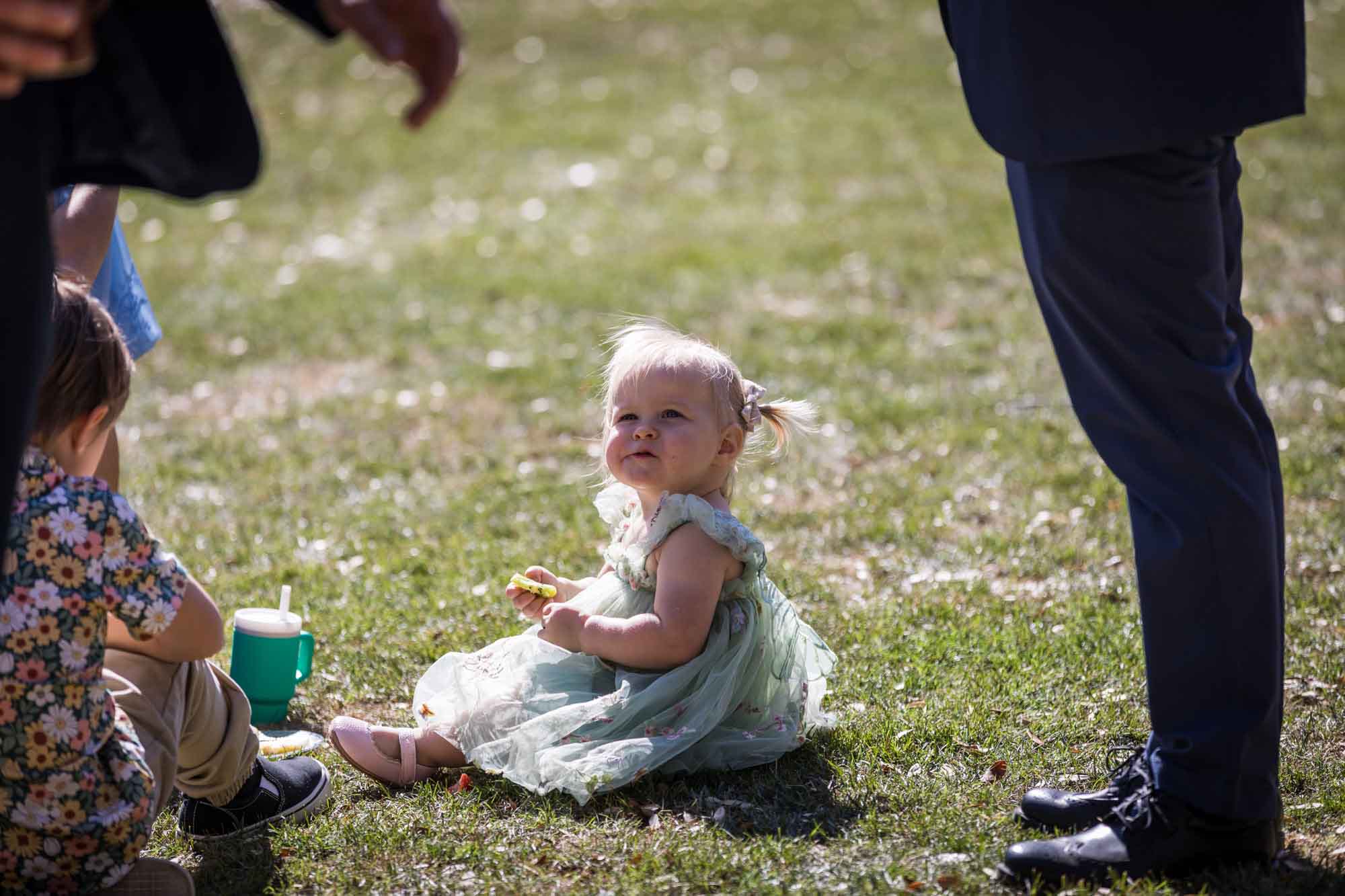 Little girl with pigtails wearing green dress holding food and sitting on grass in front of people after a San Antonio Botanical Garden wedding ceremony