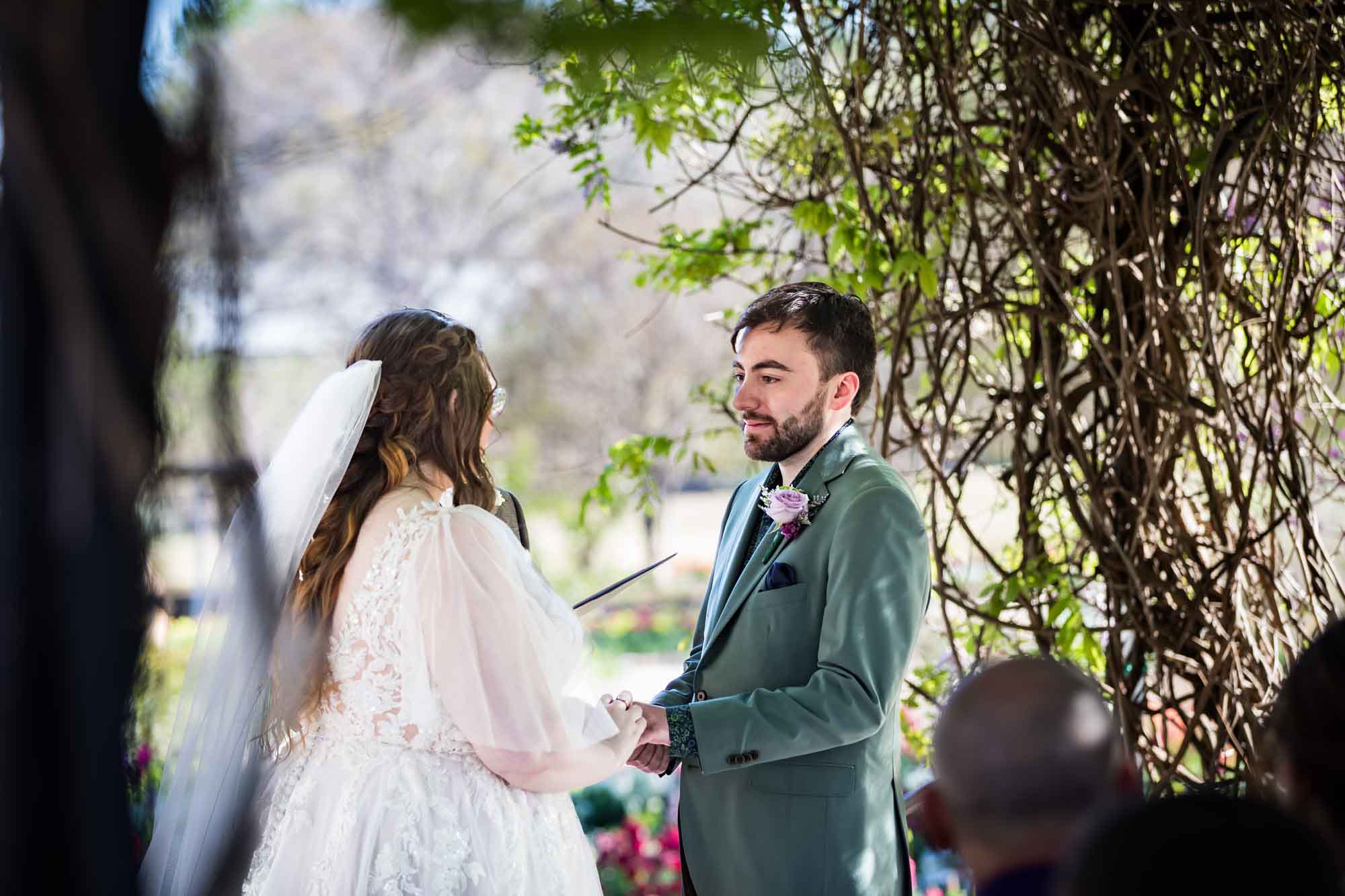 Groom listening to bride during exchange of vows under Wisteria Arbor during a San Antonio Botanical Garden wedding ceremony