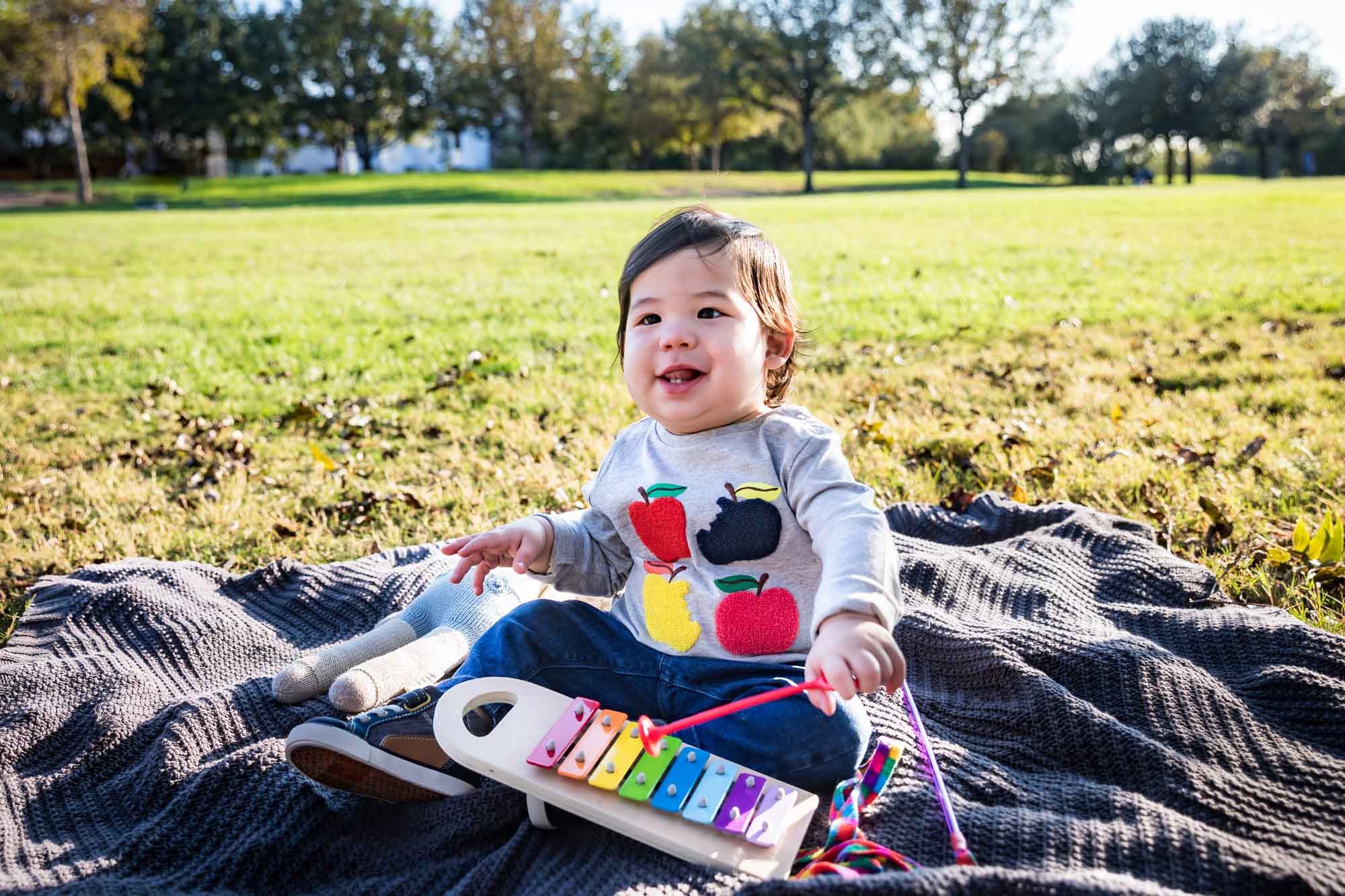 Little boy playing with toys while sitting on blanket on grass during a Mueller Lake Park family portrait