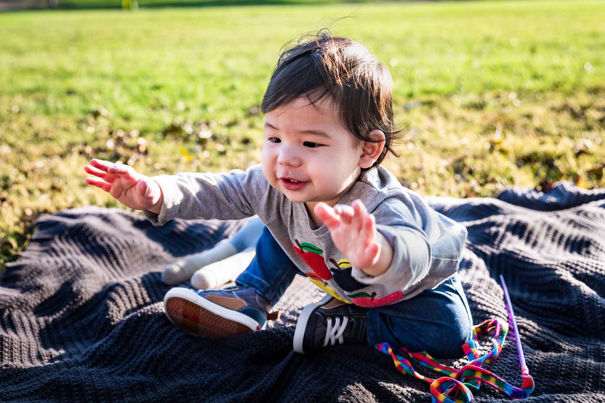 Little boy playing with toys while sitting on blanket on grass during a Mueller Lake Park family portrait