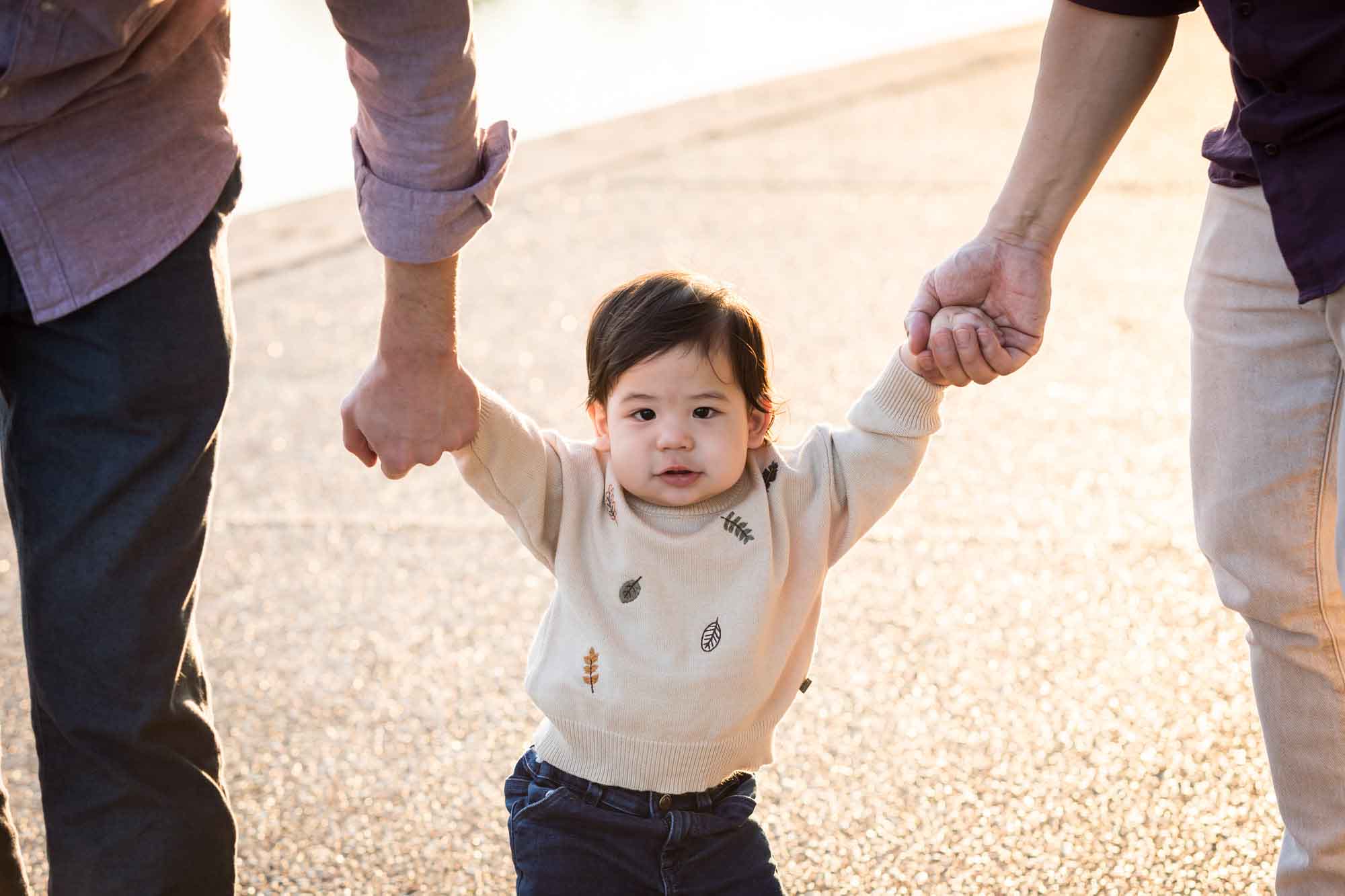 Little boy walking on ground with both hands held by two fathers during a Mueller Lake Park family portrait