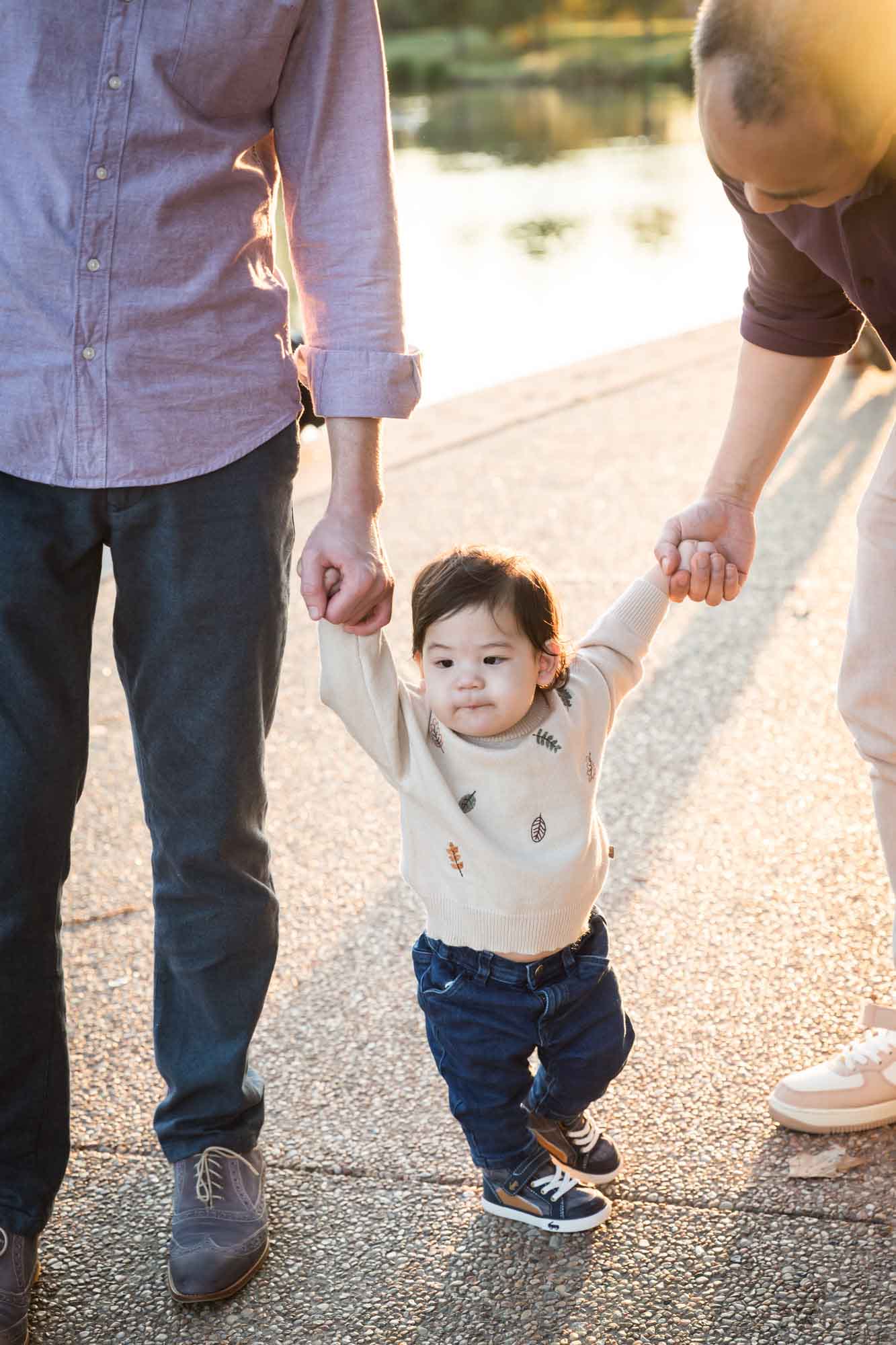 Little boy walking on ground with both hands held by two fathers during a Mueller Lake Park family portrait