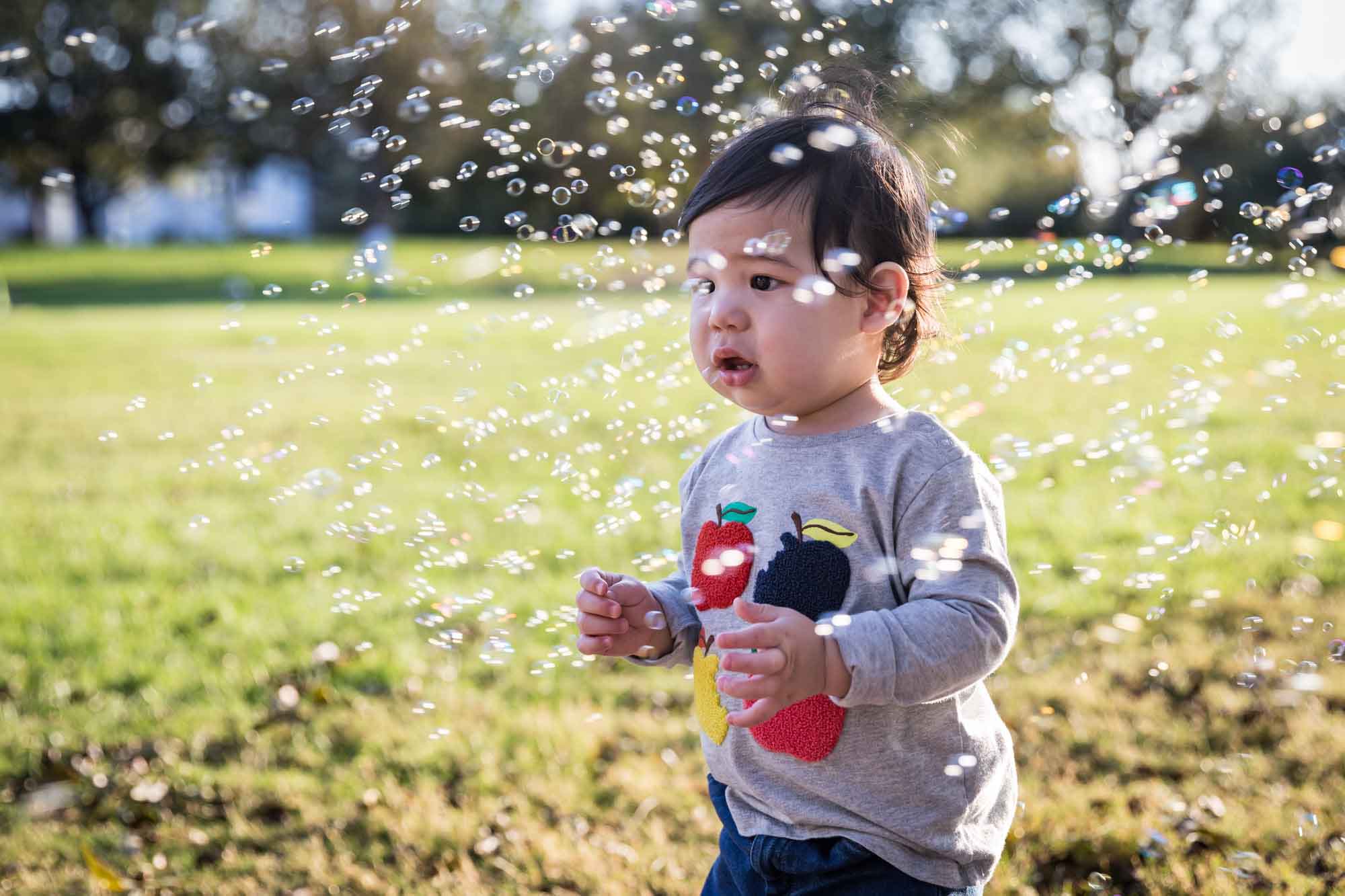 Little boy playing with bubbles while standing on grass during a Mueller Lake Park family portrait