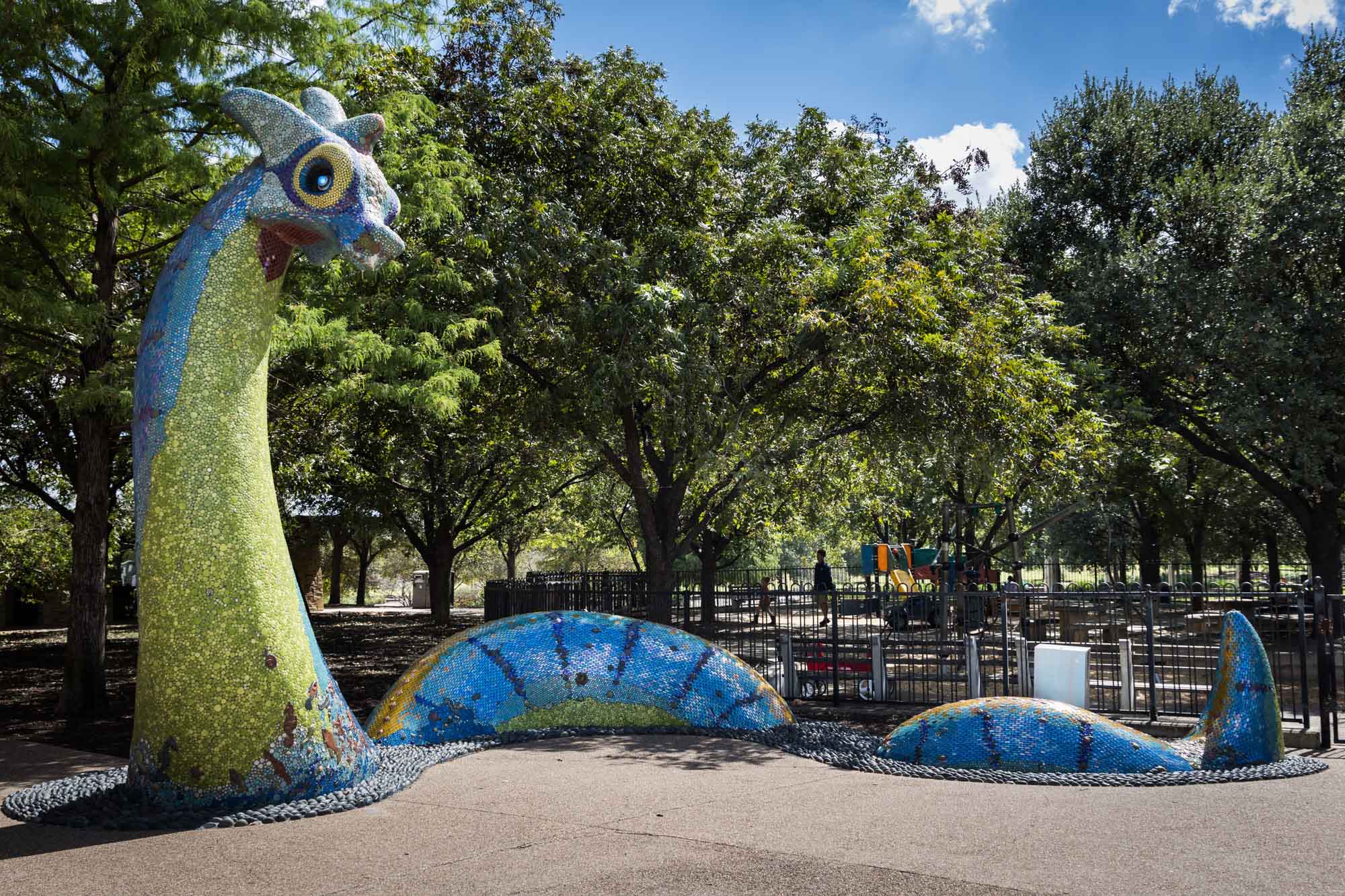 Lake Nessy sculpture by Dixie Friend Gay at Mueller Lake Park