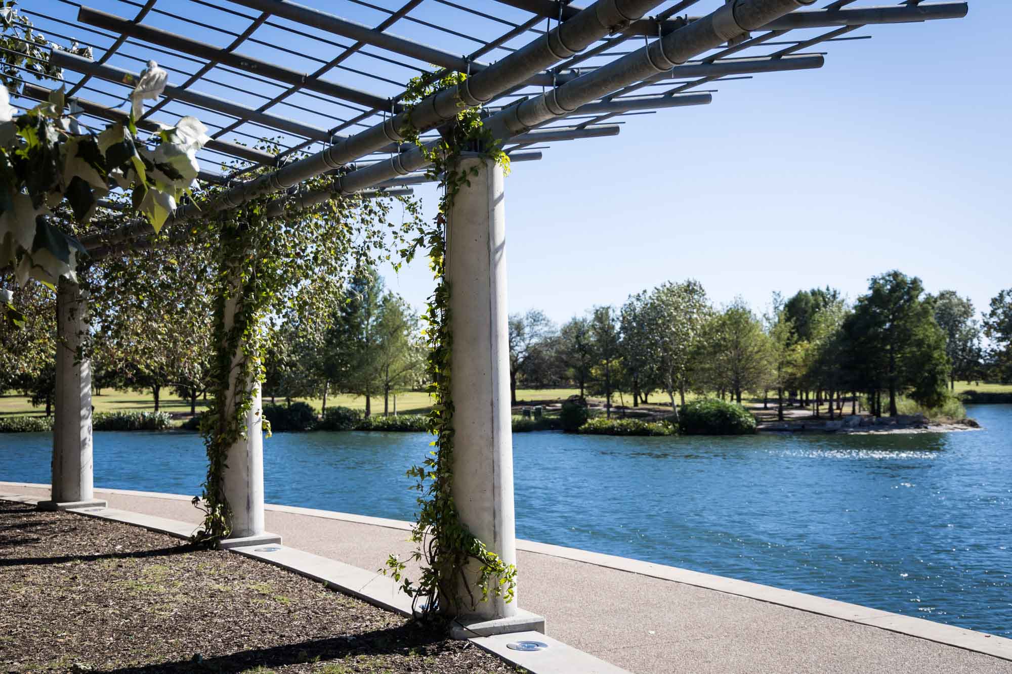 Colonnade wrapped in vines beside lake at Mueller Lake Park