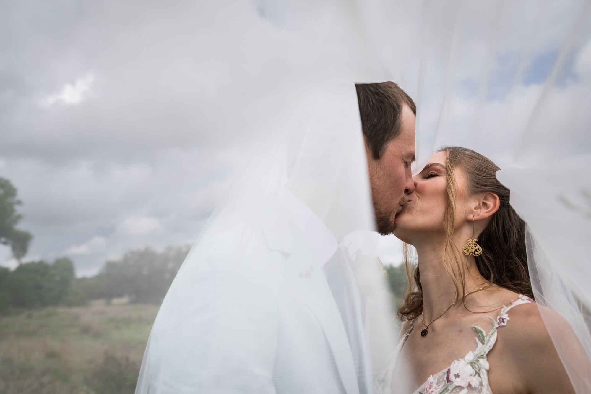 Lady Bird Johnson Wildflower Center wedding photos of a bride and groom kissing under veil in middle of Savanna Meadow