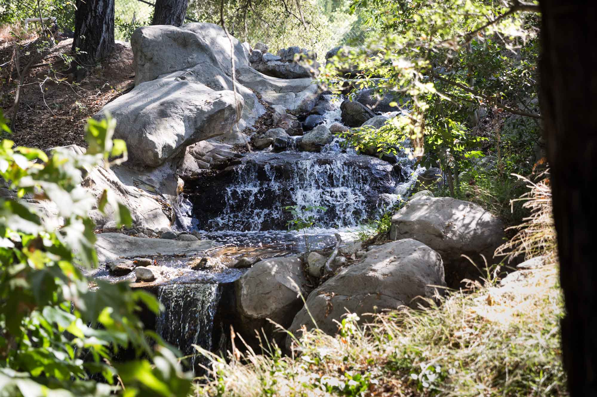 Waterfall flowing over rocks for an article on the best photo shoot locations in Descanso Gardens