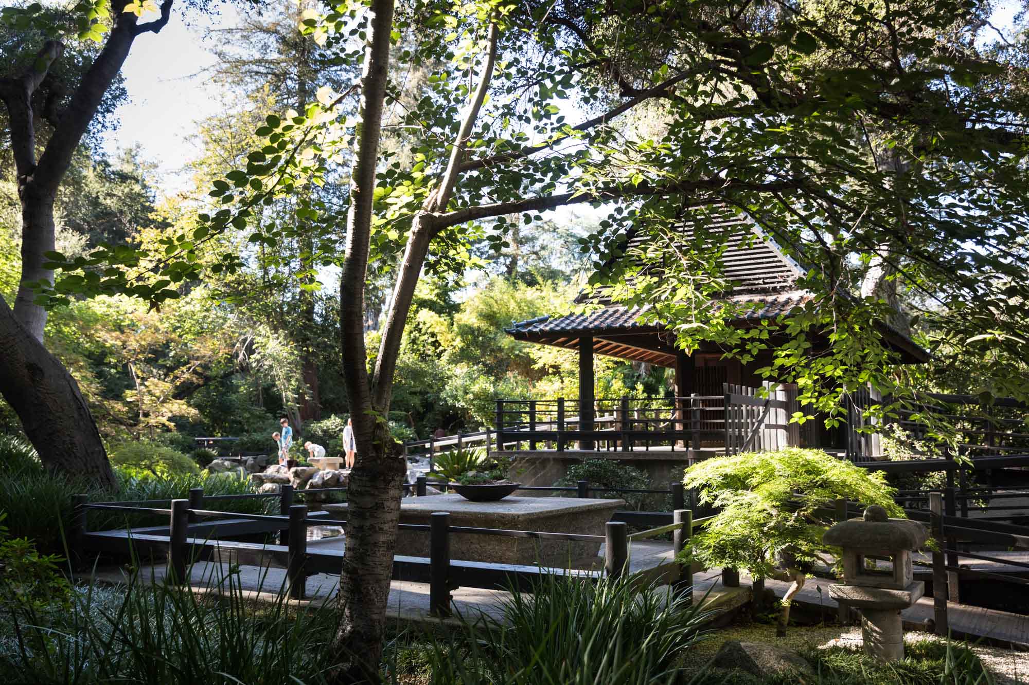 Wooden railings in front of wooden house under trees in Japanese Garden for an article on the best photo shoot locations in Descanso Gardens