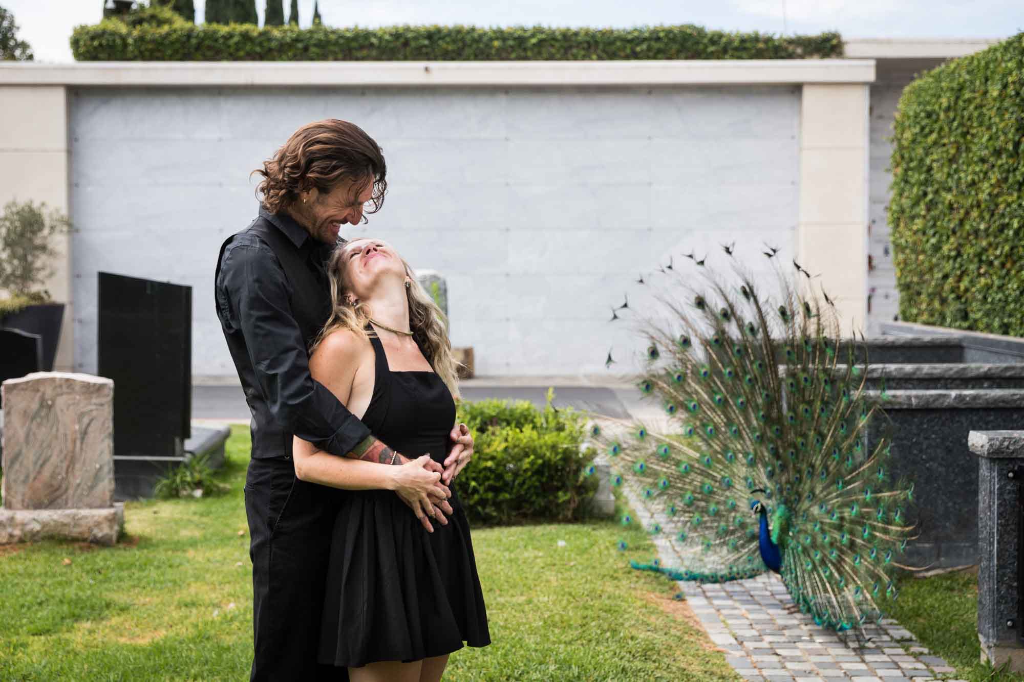 Couple hugging beside a peacock mating display in front of tombstones during a Hollywood Forever Cemetery engagement portrait session