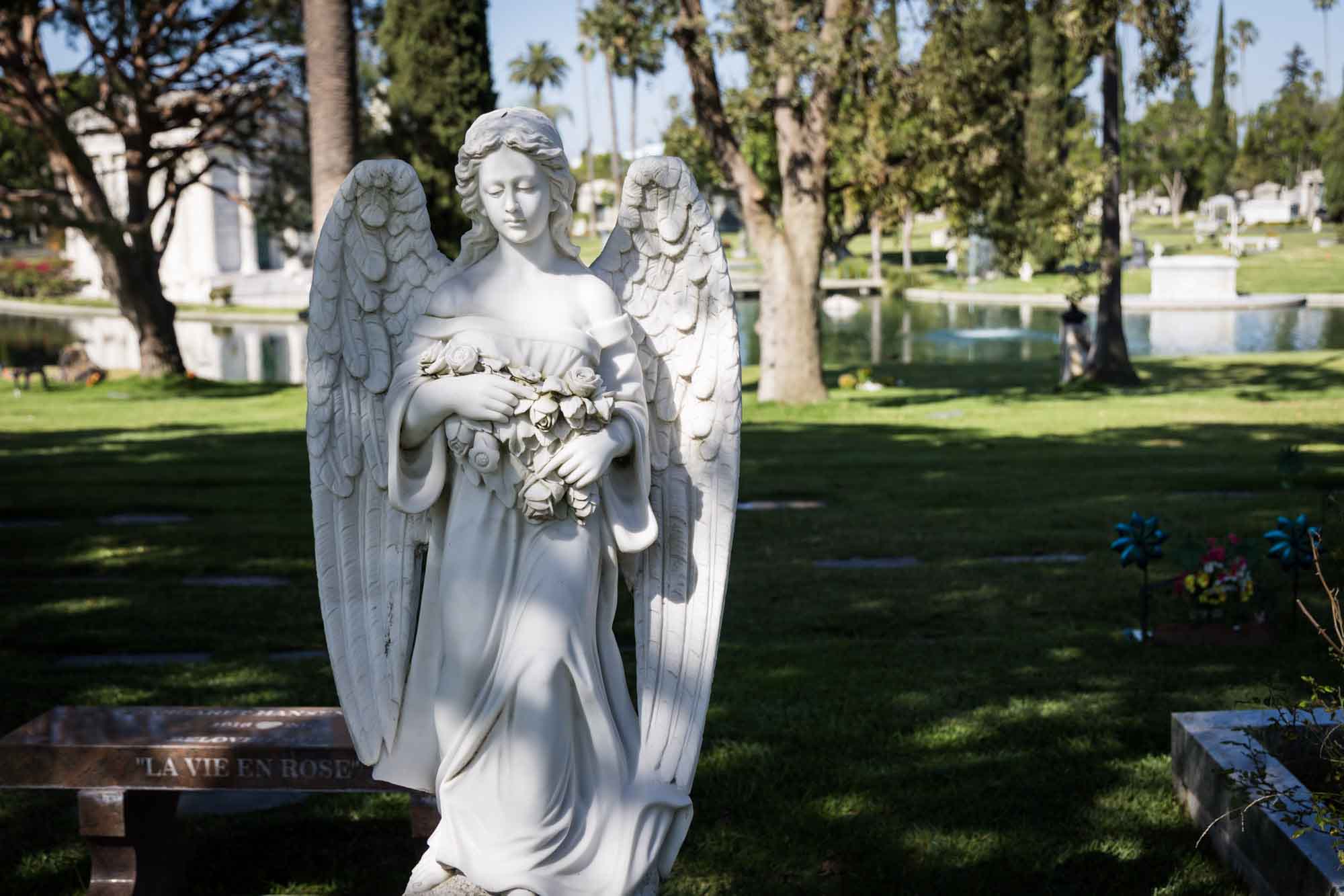 Large angel statue with wings in Hollywood Forever Cemetery