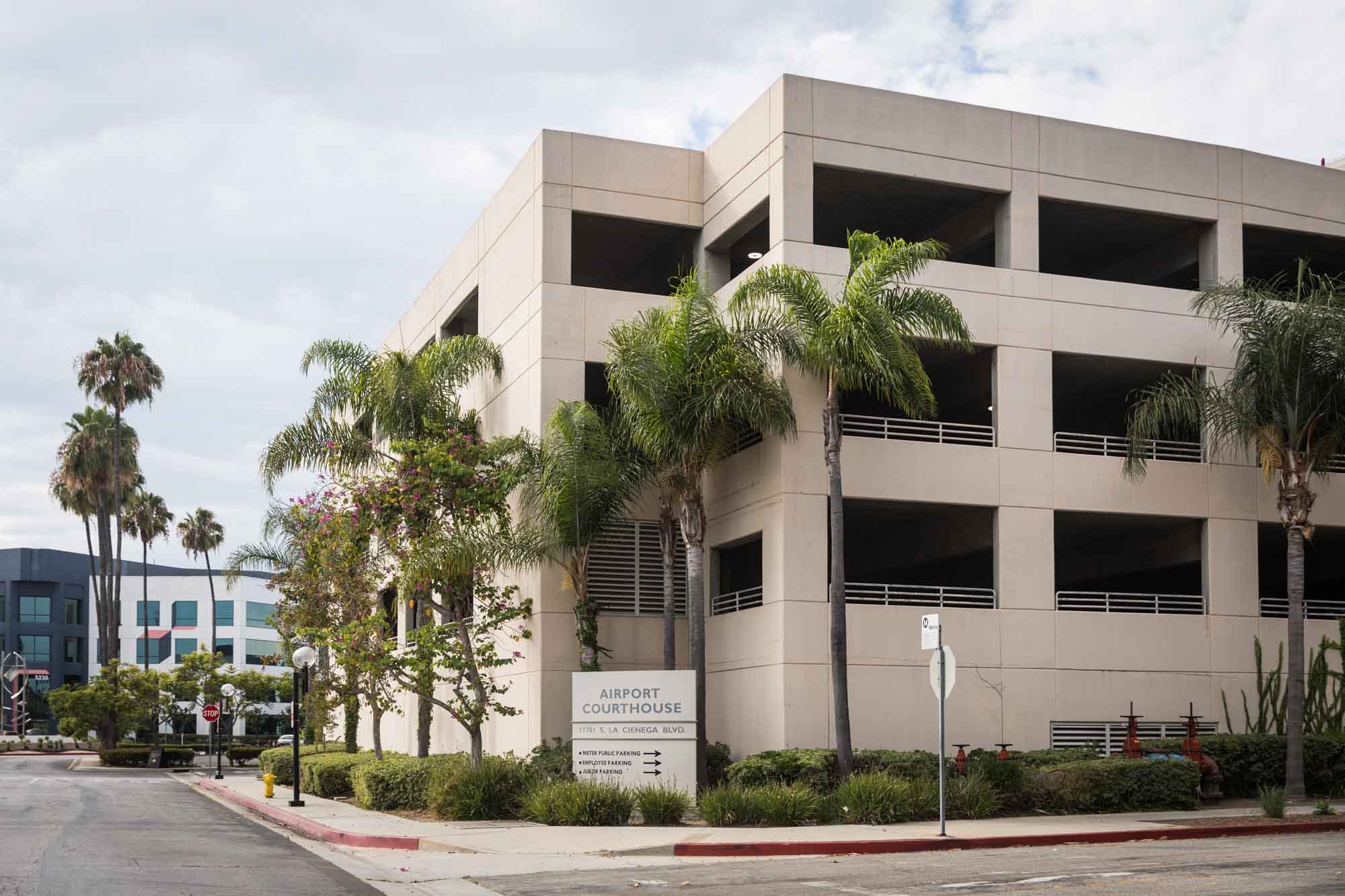 Parking lot and sign for LAX Courthouse for an article on how to get a marriage license in Los Angeles