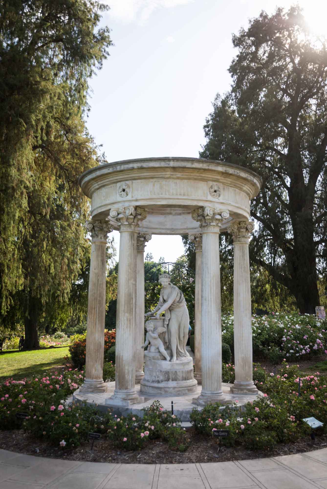 Stone rotunda sculpture in Rose Garden for a Huntington Gardens photo shoot guide article
