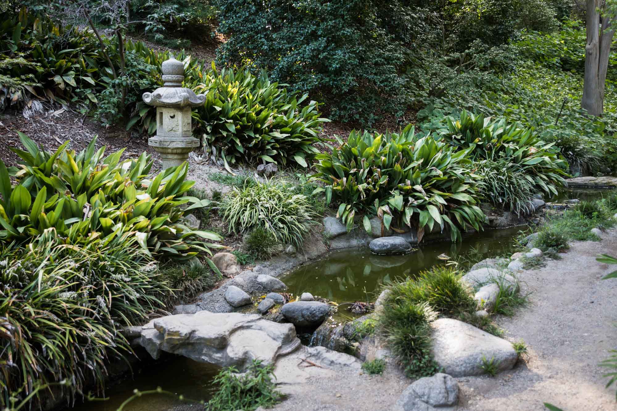 Stone lantern along creek in Japanese Garden for a Huntington Gardens photo shoot guide article