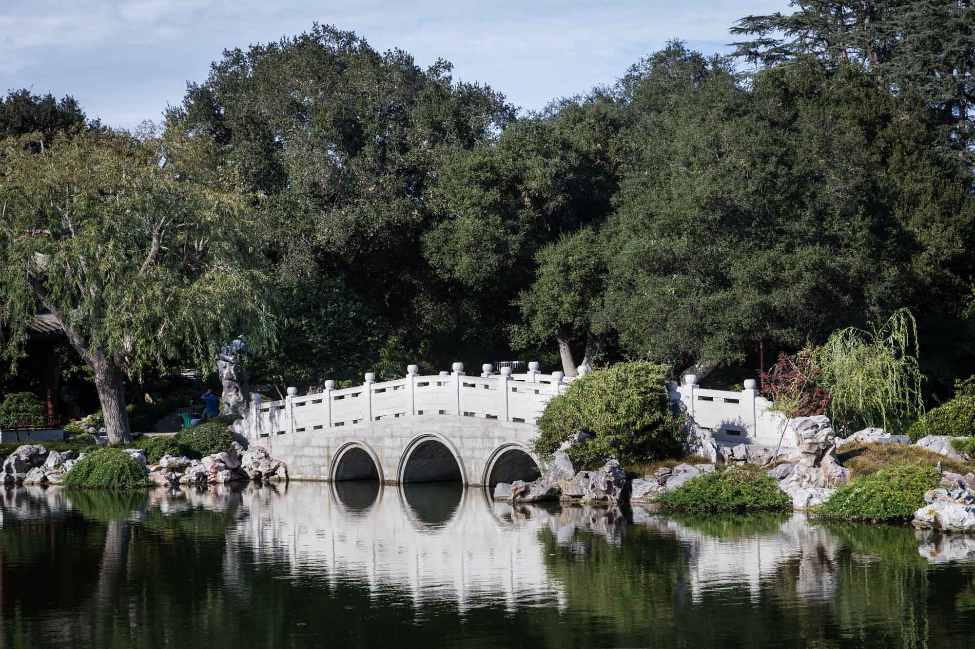 View over pond of ornate white bridge in Chinese Garden for a Huntington Gardens photo shoot guide article