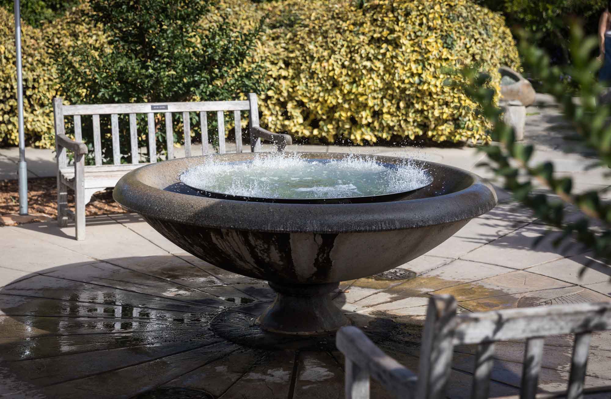 Fountain with bubbling water and bench in background in the Children's Garden for a Huntington Gardens photo shoot guide article