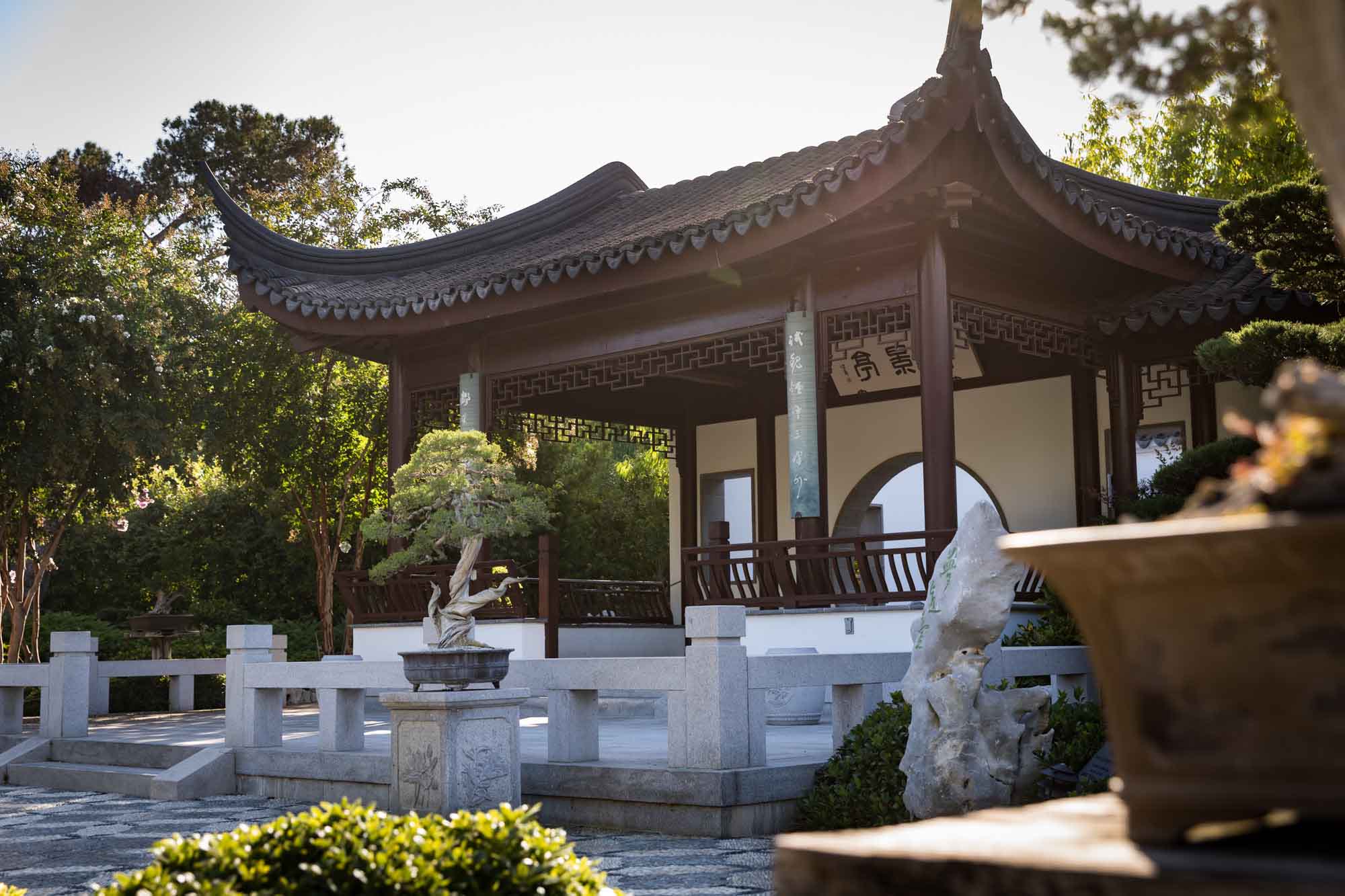 Asian-style building with pitched roof in topiary terrace in Chinese Garden for a Huntington Gardens photo shoot guide article