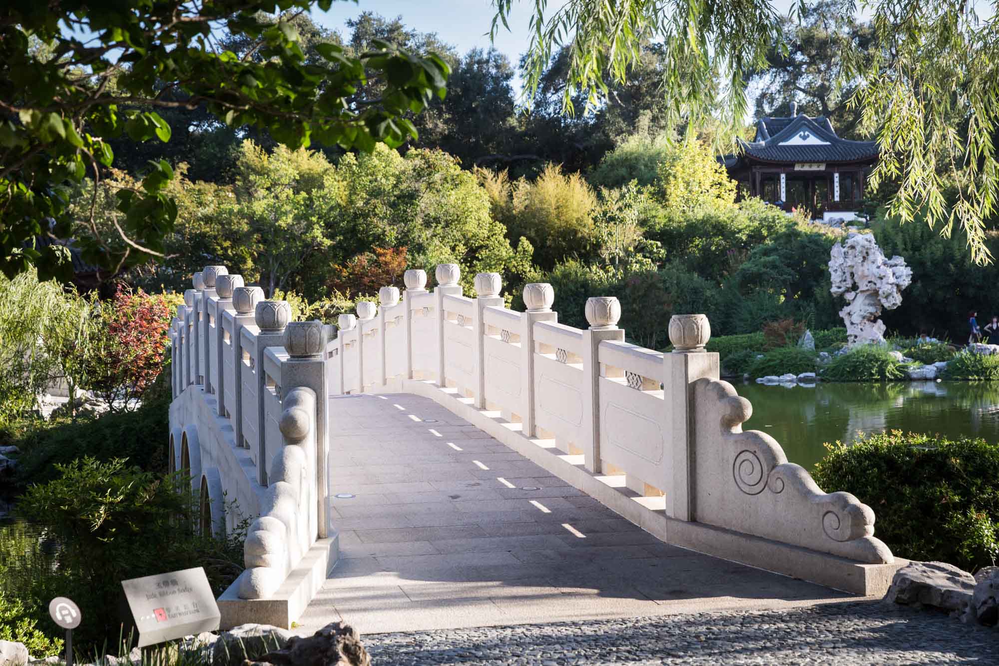 Ornate white bridge over pond in Chinese Garden for a Huntington Gardens photo shoot guide article