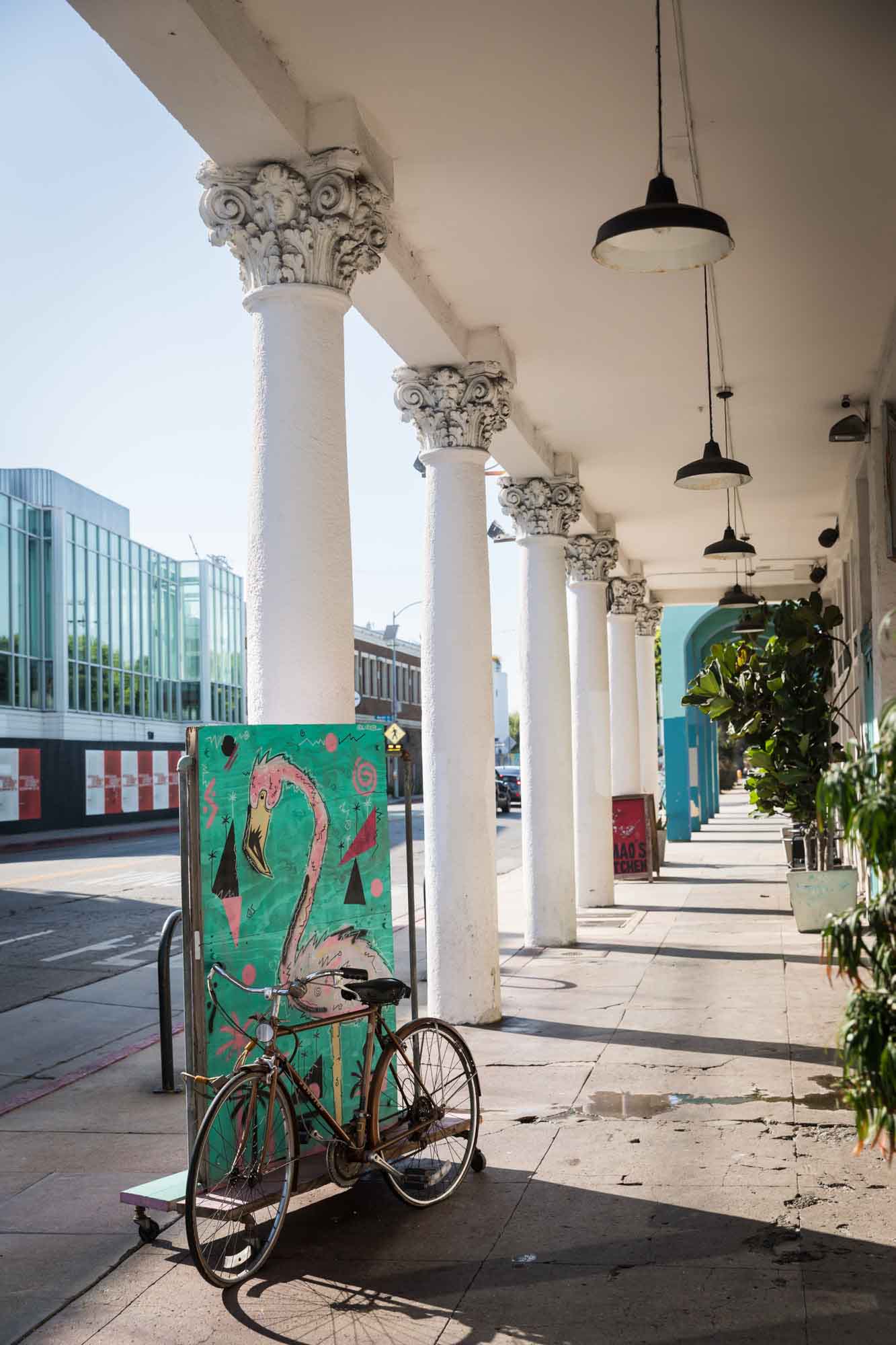 A colonnade along Pacific Avenue in Venice with a painting of a flamingo and bicycle for an article on Venice Canals engagement photos