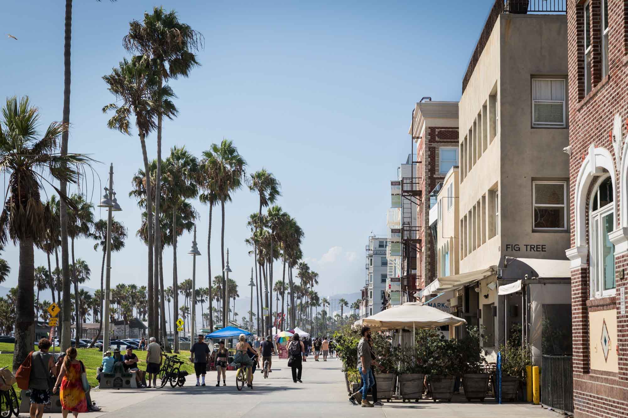 People walking along the Venice Beach boardwalk under palm trees beside vendor umbrellas and buildings for an article on Venice Canals engagement photos