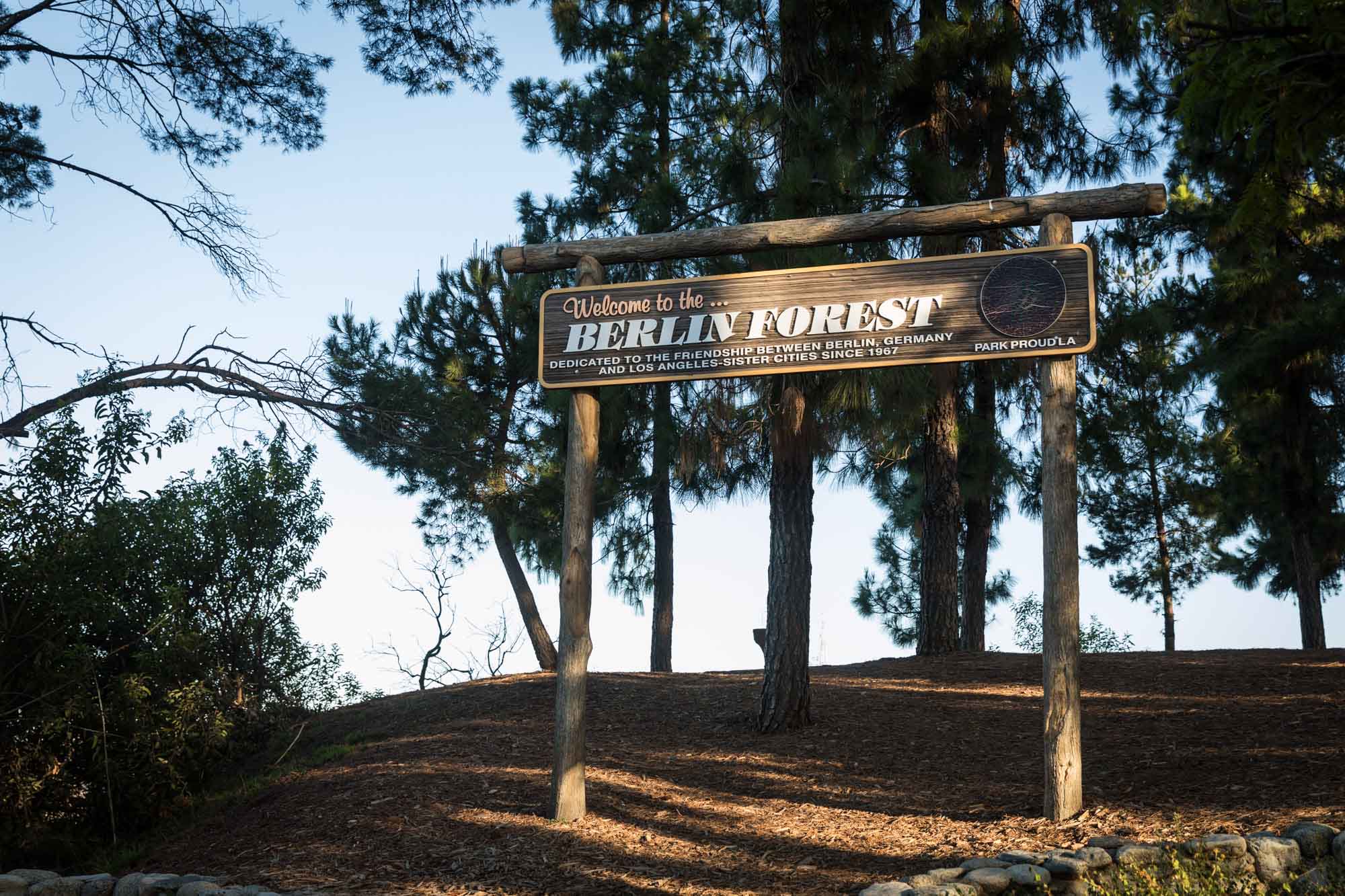 Wooden sign saying 'Welcome to the Berlin Forest' in front of trees for an article on where to propose at the Griffith Observatory
