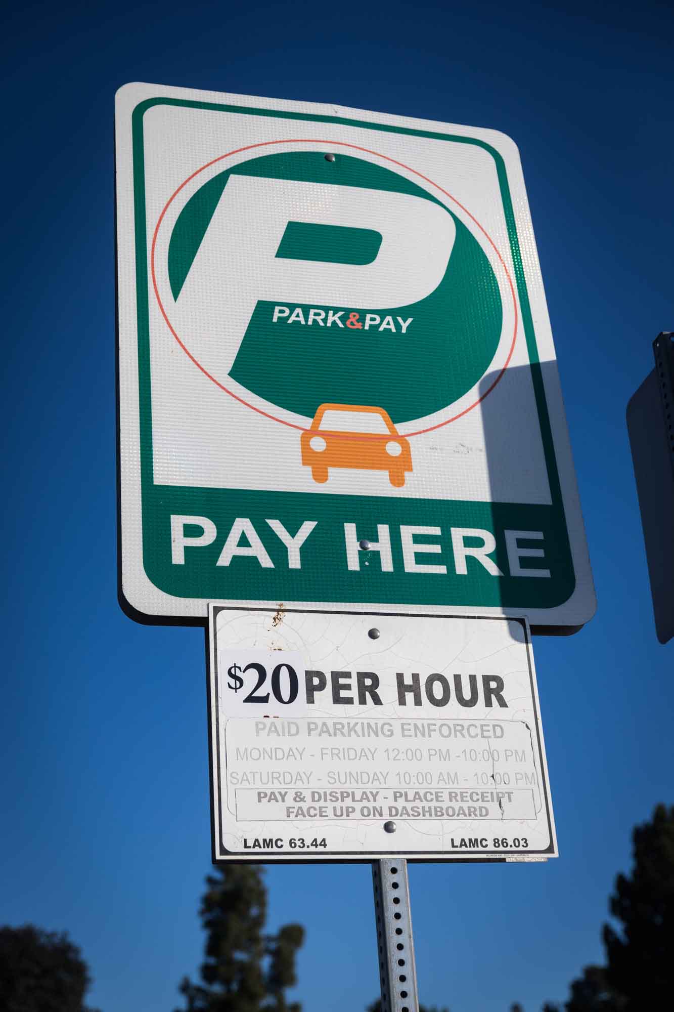 Parking sign indicating $20 per hour for an article on where to propose at the Griffith Observatory