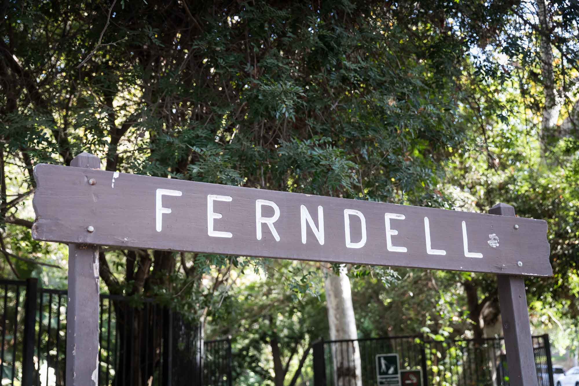 Wooden sign for Ferndell Trail in Griffith Park for an article on where to propose at the Griffith Observatory