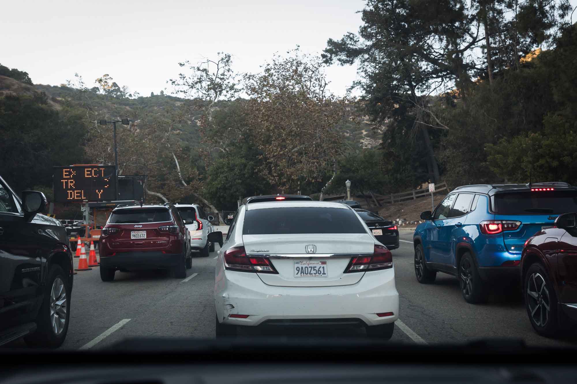 View of traffic trying to get into Griffith Observatory at sunset for an article on where to propose at the Griffith Observatory