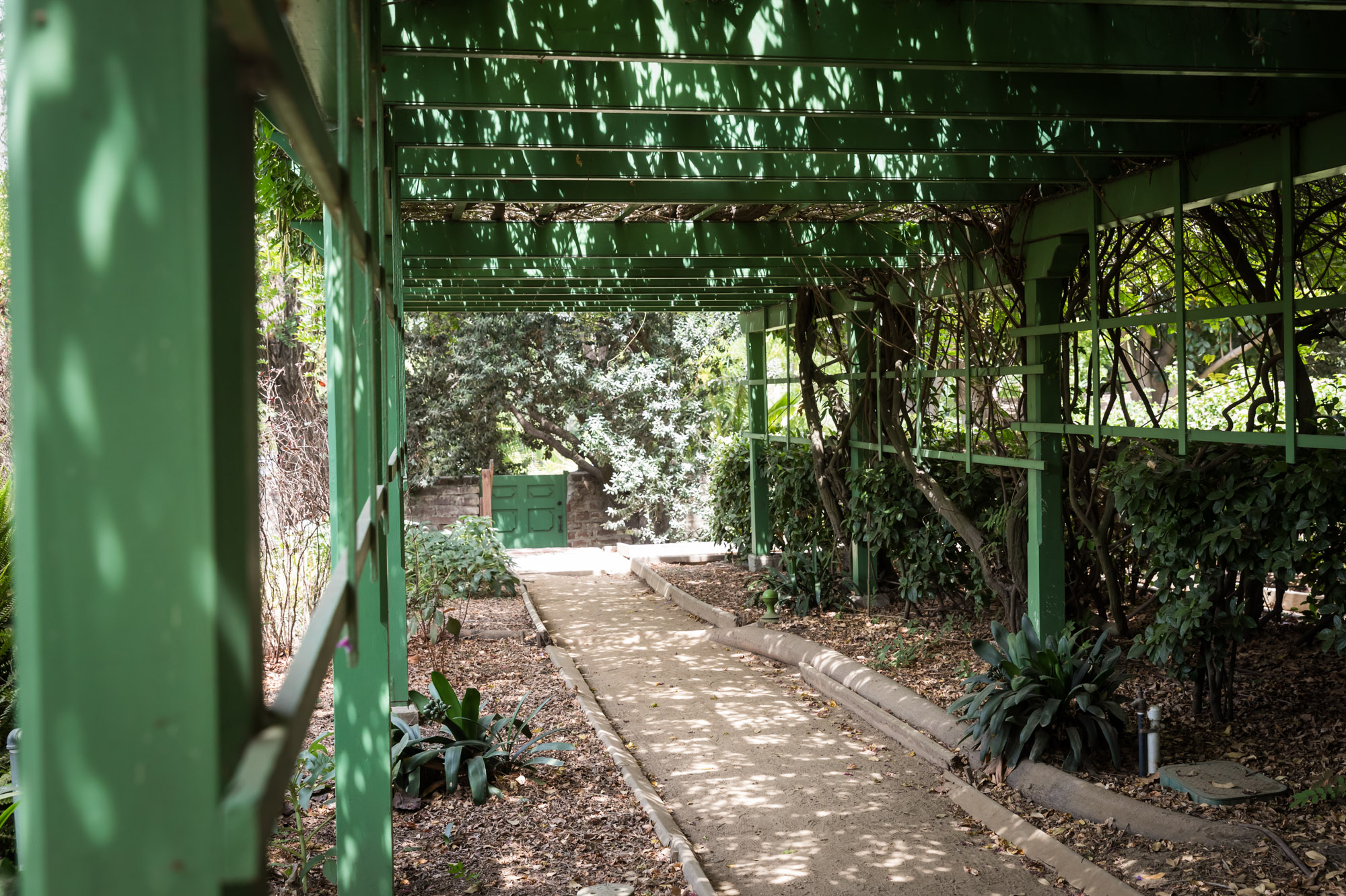 Pathway under a green, trellis walkway at Rancho Los Cerritos for an article on where to propose in Long Beach