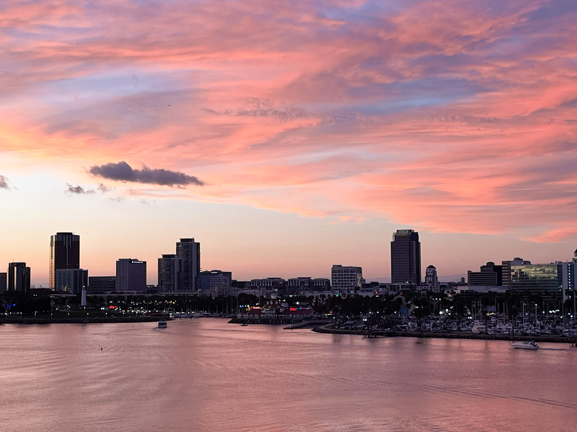 View of Long Beach at sunset as seen from the Queen Mary for an article on where to propose in Long Beach