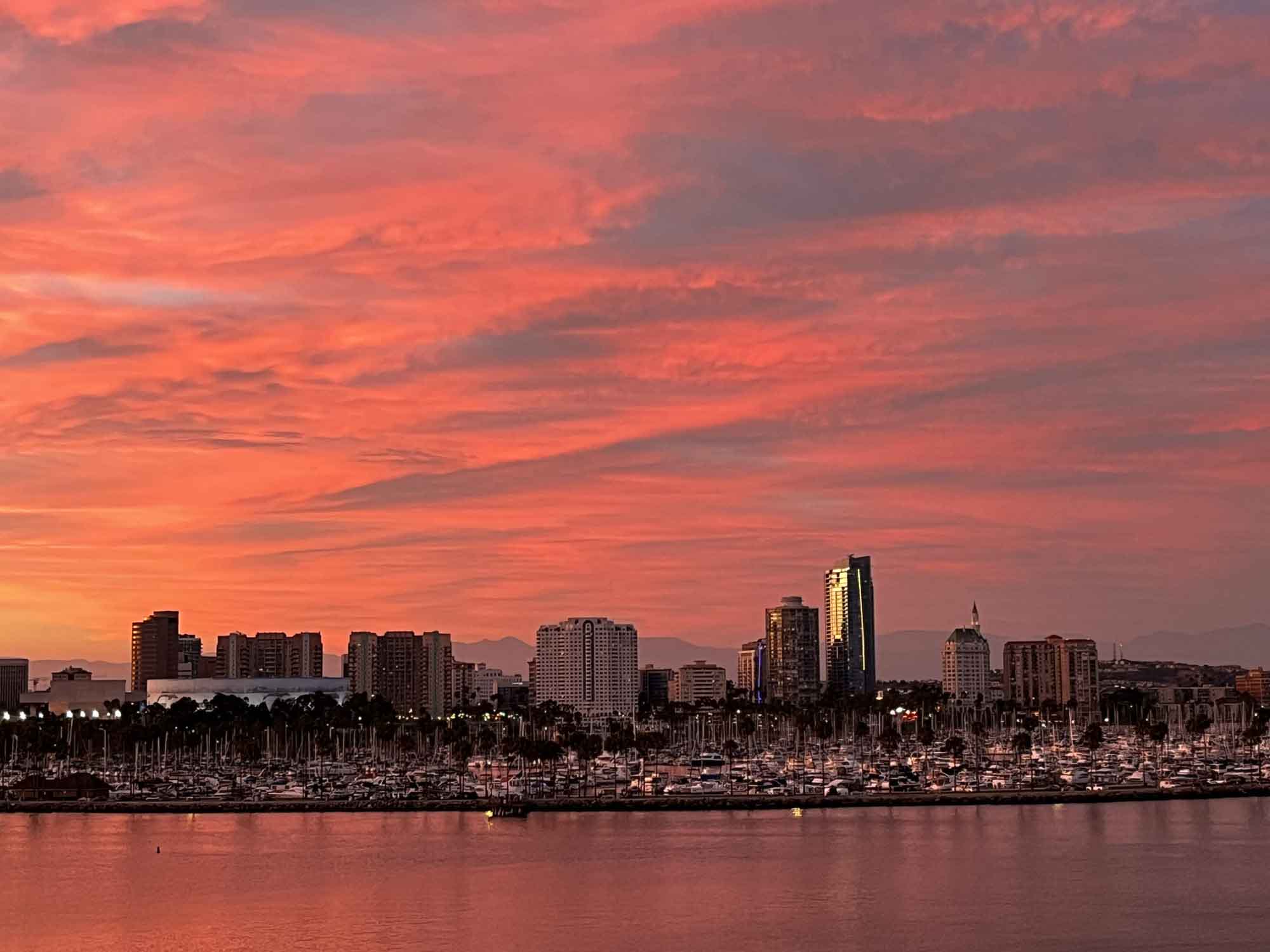 View of Long Beach at sunset as seen from the Queen Mary for an article on where to propose in Long Beach