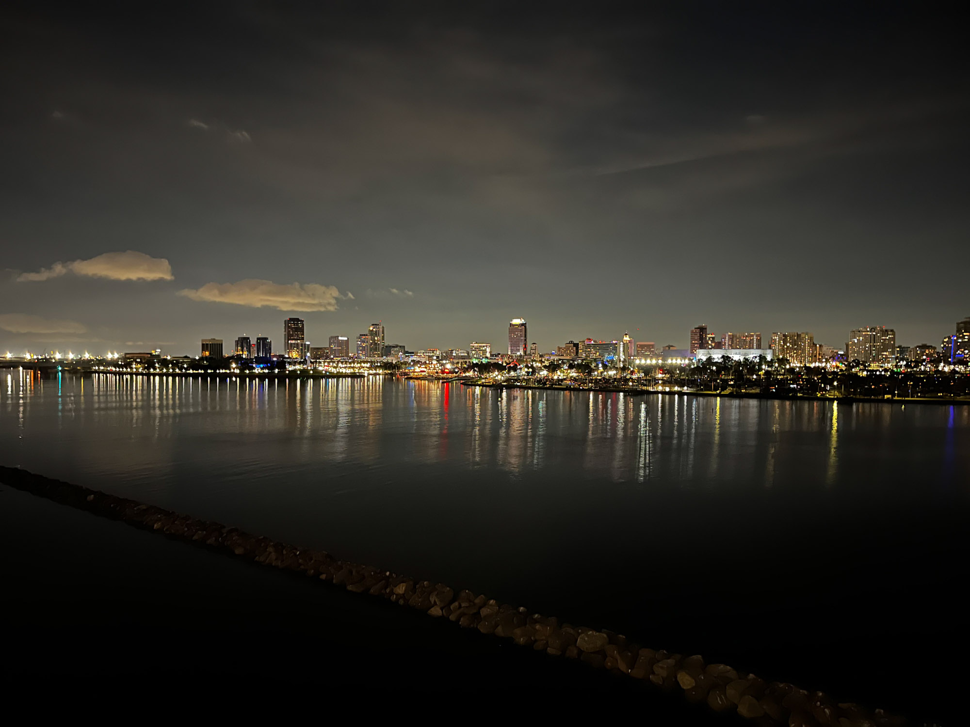 View of Long Beach at night as seen from the Queen Mary for an article on where to propose in Long Beach