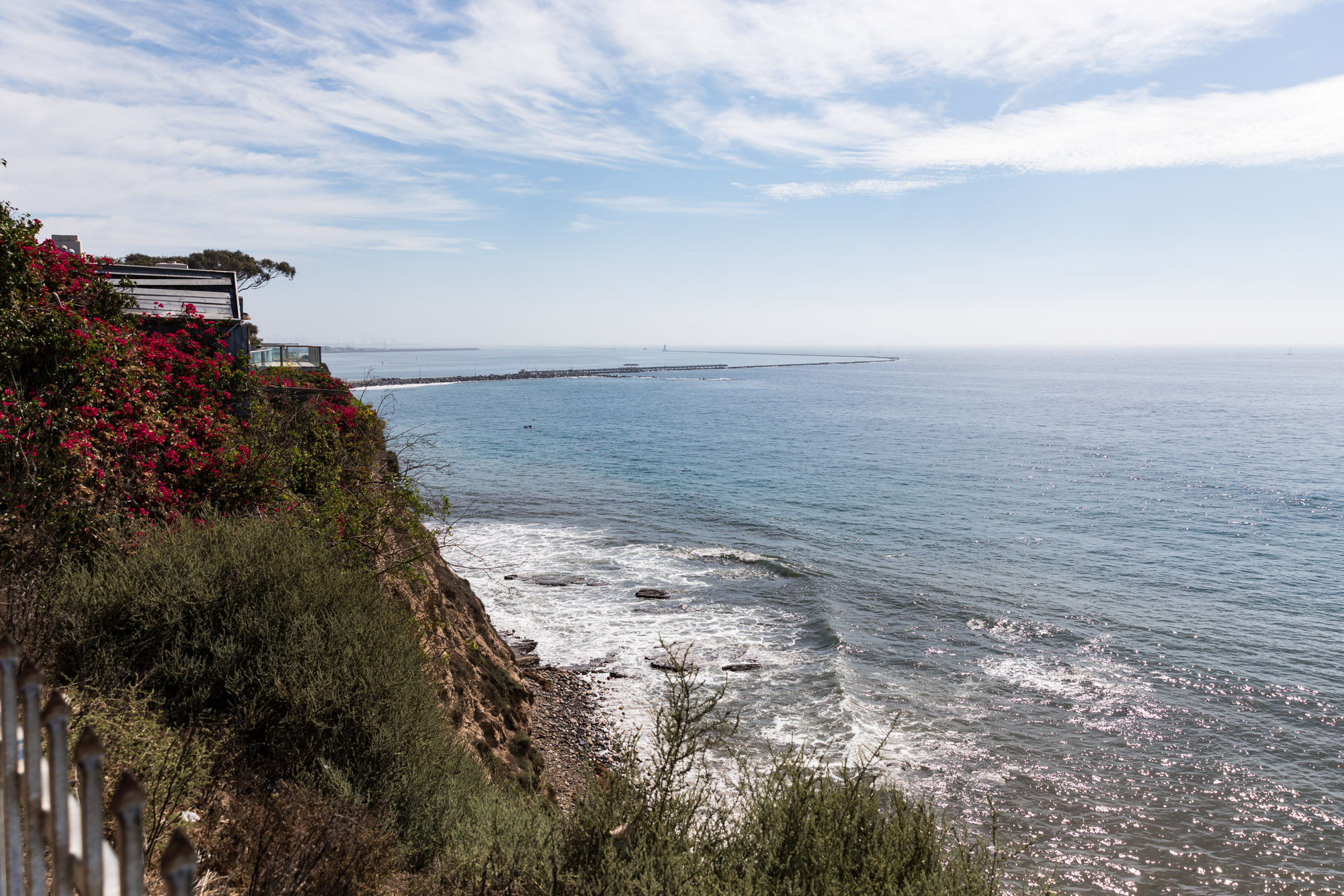 View of the Pacific Ocean from the corner of Bluffs Place and Pacific Avenue for an article on where to propose in Long Beach